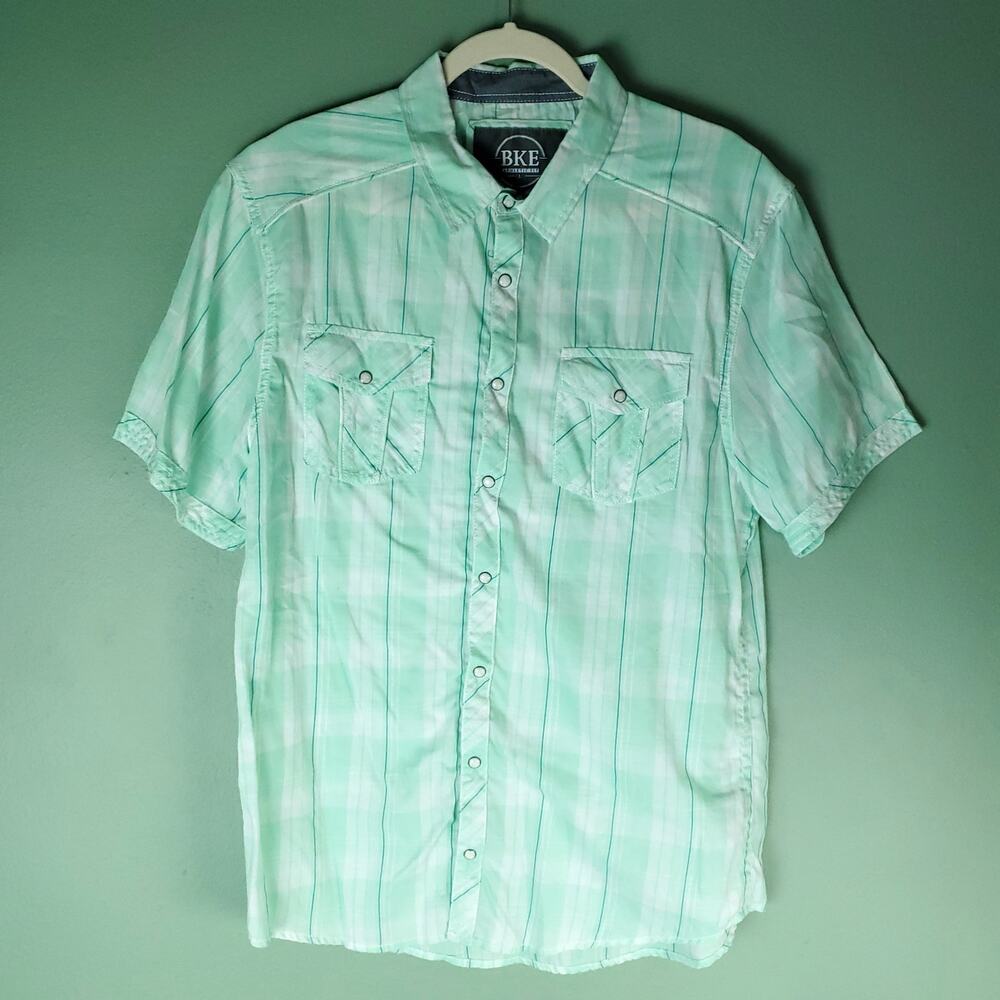 BKE Mens Brazoria Shirt Athletic Fit Plaid Pearl Snap Short Sleeve Size Large
